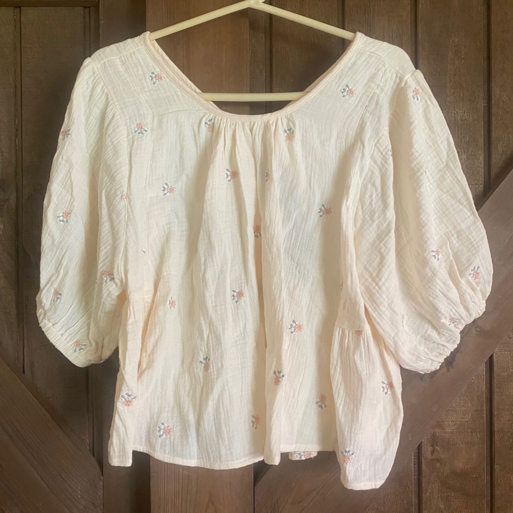 Talulah Floral Embroidered Gauze Blouse Womens L Cream Excellent Tie Back Boho